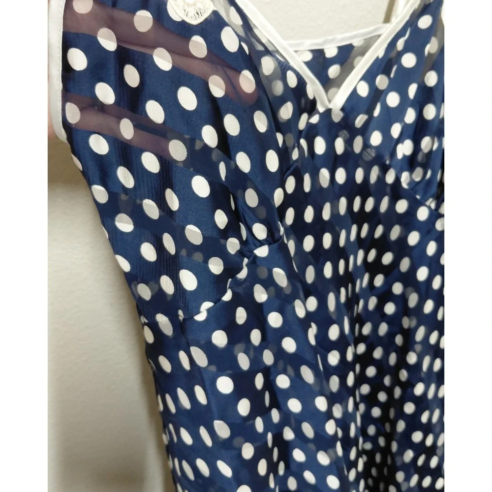 Josie by Natori Vtg Navy White Polka Dot Chiffon Lace Applique Babydoll Cami L